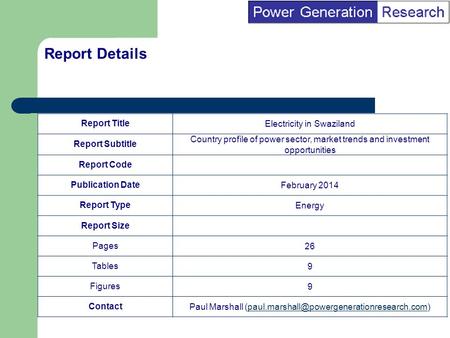 BI Marketing Analyst input into report marketing Report TitleElectricity in Swaziland Report Subtitle Country profile of power sector, market trends and.