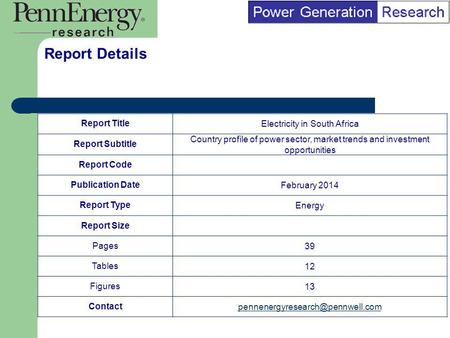 BI Marketing Analyst input into report marketing Report TitleElectricity in South Africa Report Subtitle Country profile of power sector, market trends.