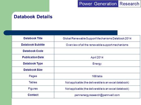 BI Marketing Analyst input into report marketing Databook TitleGlobal Renewable Support Mechanisms Databook 2014 Databook SubtitleOverview of all the renewable.
