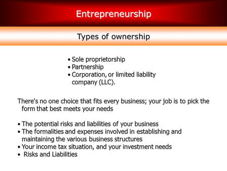 Types of ownership Sole proprietorship Partnership
