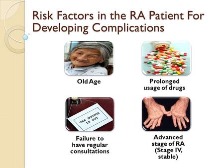 Risk Factors in the RA Patient For Developing Complications Old Age Prolonged usage of drugs Failure to have regular consultations Advanced stage of RA.