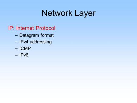 Network Layer IP: Internet Protocol –Datagram format –IPv4 addressing –ICMP –IPv6.