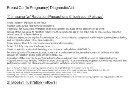 Breast Ca (In Pregnancy) Diagnostic Aid: 1) Imaging (w/ Radiation Precautions) [Illustration Follows] Avoid radiation exposure to the fetus Nuclear scans.