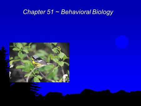 Chapter 51 ~ Behavioral Biology. Behavior l Ethology ~ study of animal behavior l Causation: proximate ~ physiological & genetic mechanisms of behavior.