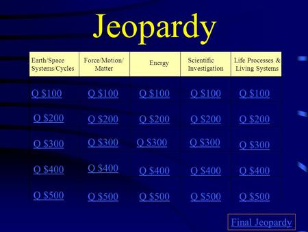 Jeopardy Earth/Space Systems/Cycles Force/Motion/ Matter Energy Scientific Investigation Life Processes & Living Systems Q $100 Q $200 Q $300 Q $400 Q.