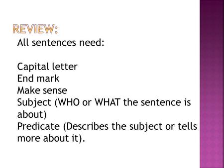Review: All sentences need: Capital letter End mark Make sense