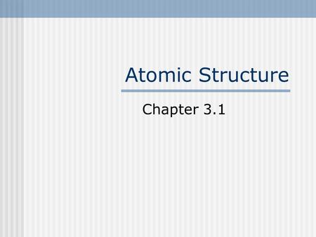 Atomic Structure Chapter 3.1. Subatomic Particles Proton +1 charge, found in the nucleus Neutron No charge, found in the nucleus Electron -1 charge, found.