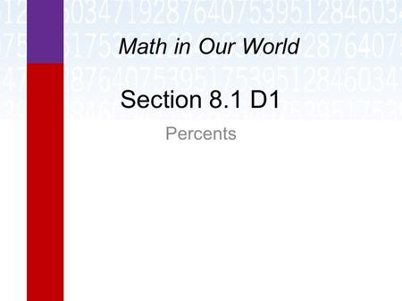 Section 8.1 D1 Percents Math in Our World. Learning Objectives  Convert between percent, decimal, and fraction form.  Perform calculations involving.