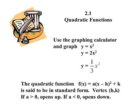 2.1 Quadratic Functions Use the graphing calculator and graph	y = x2