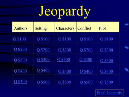Jeopardy AuthorsSettingCharactersConflict Plot Q $100 Q $200 Q $300 Q $400 Q $500 Q $100 Q $200 Q $300 Q $400 Q $500 Final Jeopardy.
