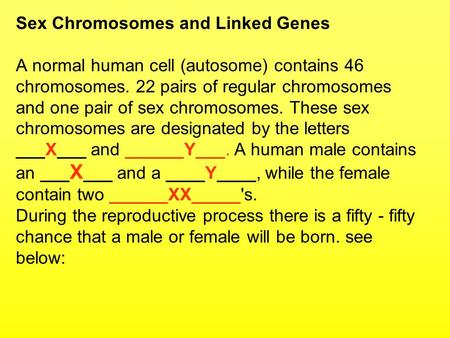Sex Chromosomes and Linked Genes A normal human cell (autosome) contains 46 chromosomes. 22 pairs of regular chromosomes and one pair of sex chromosomes.