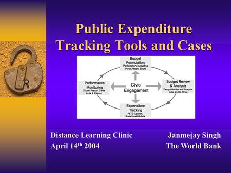 Public Expenditure Tracking Tools and Cases Distance Learning Clinic April 14 th 2004 Janmejay Singh The World Bank.