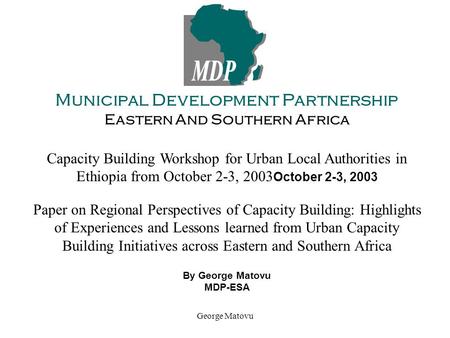 Municipal Development Partnership Eastern And Southern Africa