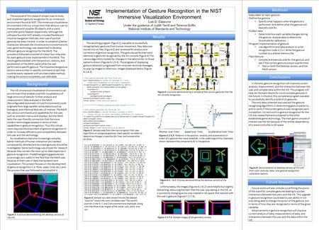 Background Implementation of Gesture Recognition in the NIST Immersive Visualization Environment Luis D. Catacora Under the guidance of Judith Terrill.