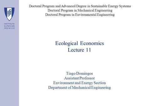 Ecological Economics Lecture 11 Tiago Domingos Assistant Professor Environment and Energy Section Department of Mechanical Engineering Doctoral Program.