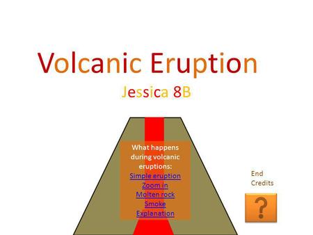Volcanic EruptionVolcanic Eruption Jessica 8BJessica 8B What happens during volcanic eruptions: Simple eruption Zoom in Molten rock Smoke Explanation.