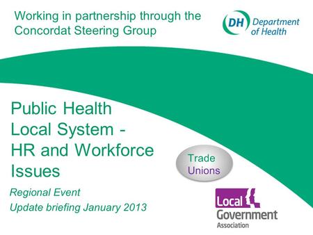 Public Health Local System - HR and Workforce Issues Regional Event Update briefing January 2013 Trade Unions Working in partnership through the Concordat.