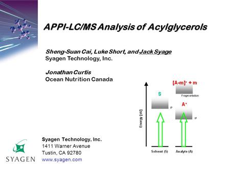 Syagen Technology, Inc. 1411 Warner Avenue Tustin, CA 92780 www.syagen.com APPI-LC/MS Analysis of Acylglycerols Sheng-Suan Cai, Luke Short, and Jack Syage.