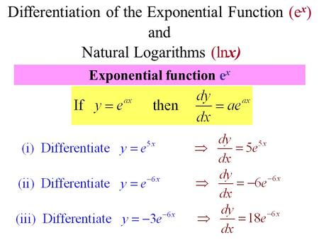 Differentiation of the Exponential Function (e x ) and Natural Logarithms (lnx) Exponential function e x.