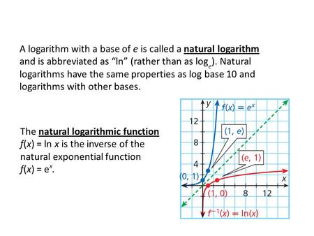 A logarithm with a base of e is called a natural logarithm and is abbreviated as “ln” (rather than as log e ). Natural logarithms have the same properties.