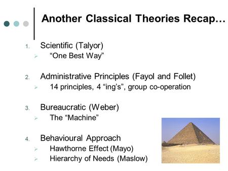 Another Classical Theories Recap… 1. Scientific (Talyor)  “One Best Way” 2. Administrative Principles (Fayol and Follet)  14 principles, 4 “ing’s”, group.