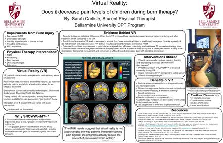 Virtual Reality: Does it decrease pain levels of children during burn therapy? By: Sarah Carlisle, Student Physical Therapist Bellarmine University DPT.