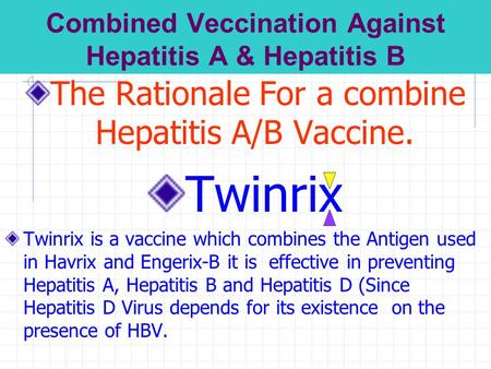 Combined Veccination Against Hepatitis A & Hepatitis B The Rationale For a combine Hepatitis A/B Vaccine. Twinrix Twinrix is a vaccine which combines.