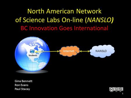 North American Network of Science Labs On-line (NANSLO) BC Innovation Goes International Gina Bennett Ron Evans Paul Stacey 1 NANSLO Internet.