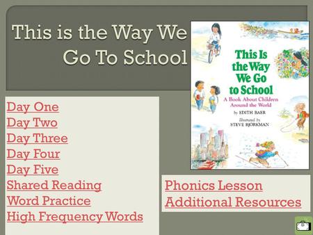 Day One Day Two Day Three Day Four Day Five Shared Reading Word Practice High Frequency Words Phonics Lesson Additional Resources.