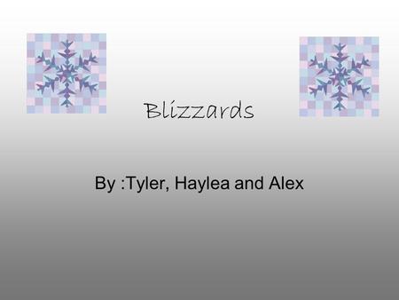 Blizzards By :Tyler, Haylea and Alex. What is a Blizzard? A Blizzard is a snowstorm with very strong winds.