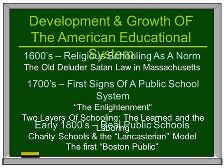 Development & Growth OF The American Educational System 1600’s – Religious Schooling As A Norm The Old Deluder Satan Law in Massachusetts 1700’s – First.