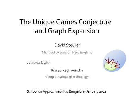 The Unique Games Conjecture and Graph Expansion School on Approximability, Bangalore, January 2011 Joint work with S Prasad Raghavendra Georgia Institute.