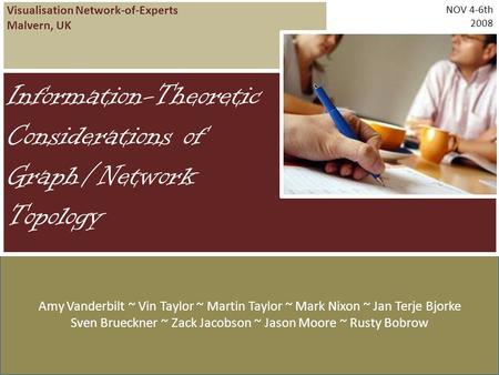Visualisation Network-of-Experts Malvern, UK NOV 4-6th 2008 Amy Vanderbilt ~ Vin Taylor ~ Martin Taylor ~ Mark Nixon ~ Jan Terje Bjorke Sven Brueckner.