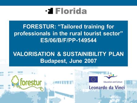 FORESTUR: “Tailored training for professionals in the rural tourist sector” ES/06/B/F/PP-149544 VALORISATION & SUSTAINIBILITY PLAN Budapest, June 2007.