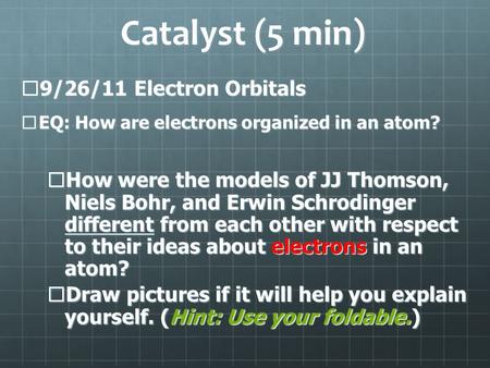 Catalyst (5 min)  9/26/11 Electron Orbitals  EQ: How are electrons organized in an atom?  How were the models of JJ Thomson, Niels Bohr, and Erwin Schrodinger.