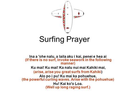 Surfing Prayer Ina a 'ohe nalu, a laila aku i kai, penei e hea ai (If there is no surf, invoke seawork in the following manner) Ku mai! Ku mai! Ka nalu.