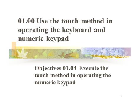 01.00 Use the touch method in operating the keyboard and numeric keypad Objectives 01.04 Execute the touch method in operating the numeric keypad.