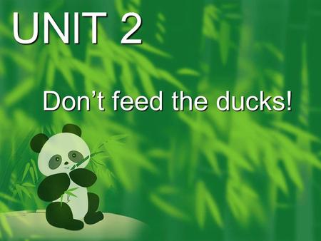 Don’t feed the ducks! UNlT 2. 不要给鸭子喂食 ! 不要踩踏草地 ! 请不要在这里玩球 ! 不要乱摸机器 ! 请带上安全帽 ! 安静, 别出声 ! 不要在书上乱画 !
