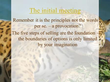 The initial meeting Remember it is the principles not the words per se. – a provocation? The five steps of selling are the foundation – the boundaries.