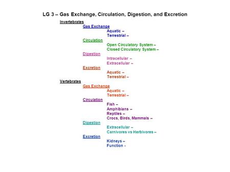 LG 3 – Gas Exchange, Circulation, Digestion, and Excretion