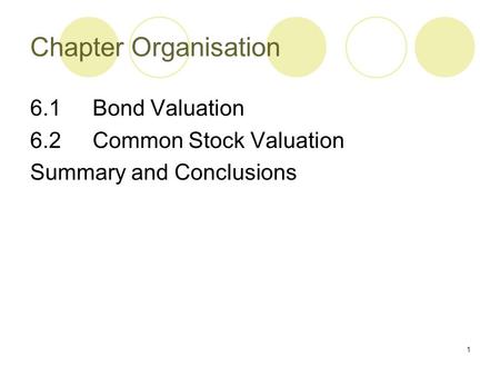 Chapter Organisation 6.1 Bond Valuation 6.2 Common Stock Valuation