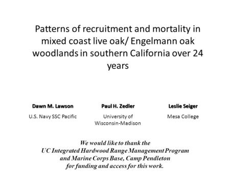 Patterns of recruitment and mortality in mixed coast live oak/ Engelmann oak woodlands in southern California over 24 years Dawn M. Lawson U.S. Navy SSC.