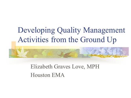 Developing Quality Management Activities from the Ground Up Elizabeth Graves Love, MPH Houston EMA.