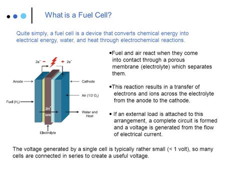 What is a Fuel Cell? Quite simply, a fuel cell is a device that converts chemical energy into electrical energy, water, and heat through electrochemical.