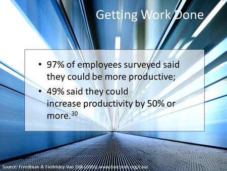 Getting Work Done 97% of employees surveyed said they could be more productive; 49% said they could increase productivity by 50% or more. 30 Source: Freedman.
