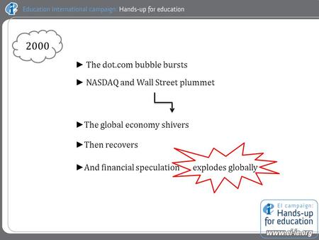 ► The dot.com bubble bursts ► NASDAQ and Wall Street plummet ► The global economy shivers ► Then recovers ► And financial speculation explodes globally.