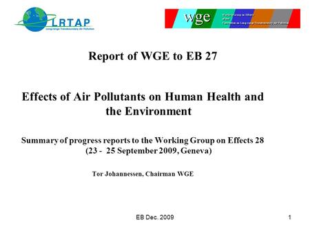 Effects of Air Pollutants on Human Health and the Environment Summary of progress reports to the Working Group on Effects 28 (23 - 25 September 2009, Geneva)