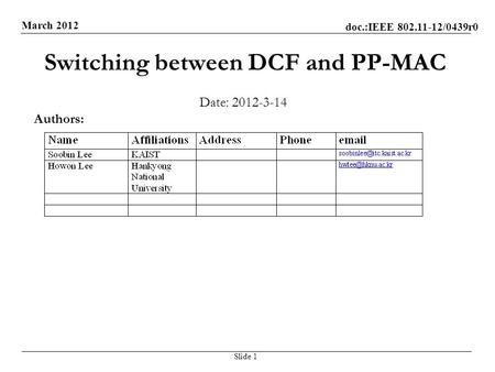 Doc.:IEEE 802.11-12/0439r0 March 2012 Switching between DCF and PP-MAC Date: 2012-3-14 Slide 1 Authors: