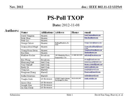 Doc.: IEEE 802.11-12/1325r0 Submission Nov. 2012 PS-Poll TXOP Date: 2012-11-08 Authors: David Xun Yang, Huawei, et. al.Slide 1.
