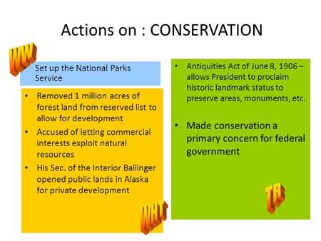 Actions on : CONSERVATION Set up the National Parks Service Removed 1 million acres of forest land from reserved list to allow for development Accused.